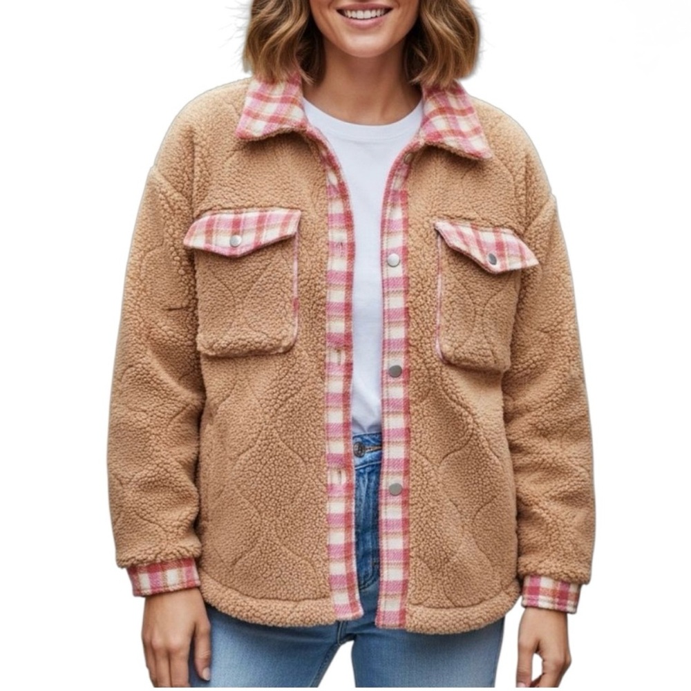 And The Why Cozy Tan Teddy Jacket with Pink Plaid Details